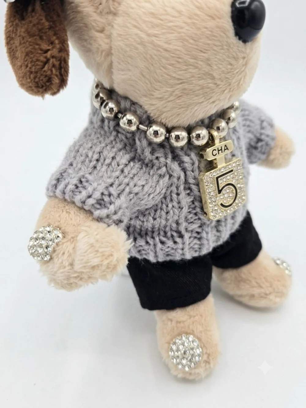 Plush Dog Bag Charm in Gray Sweater with Black Bow